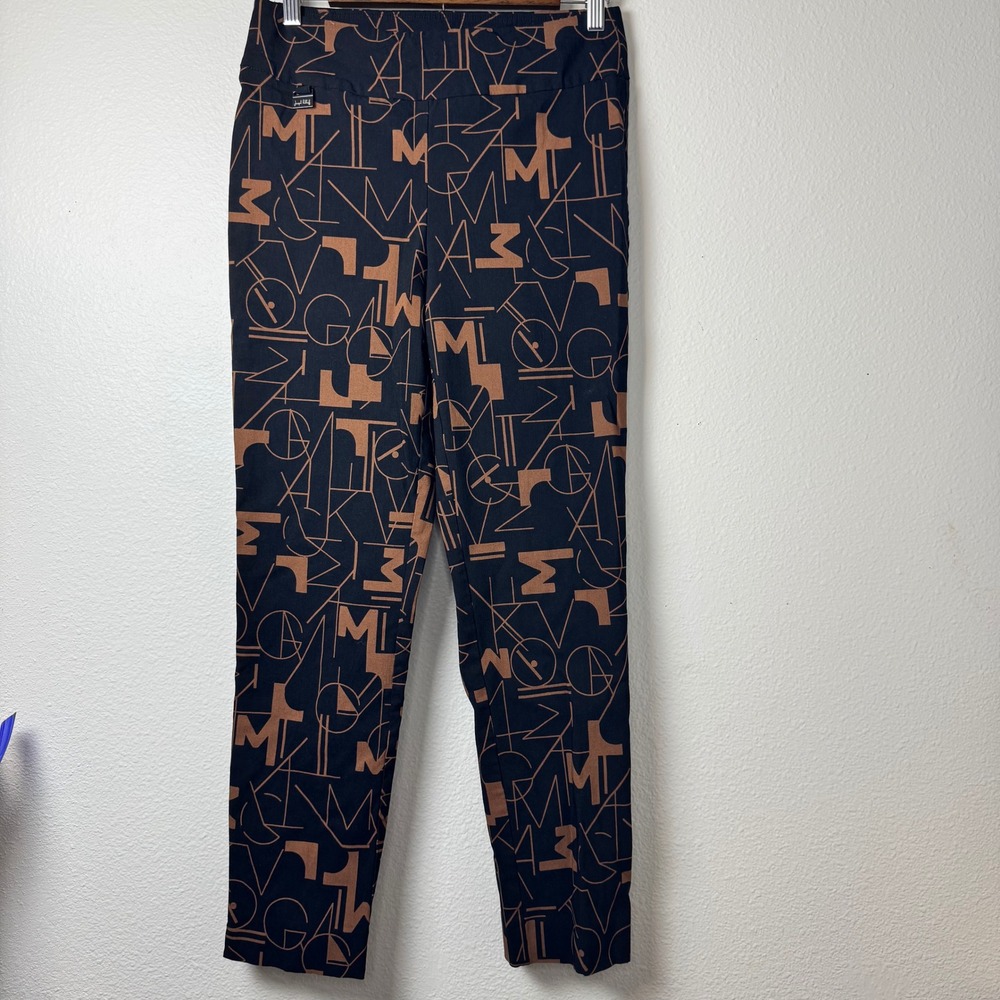 Joseph Ribkoff Black Bronze Alphabet Monogram Print Pull On Slim Leg Pants